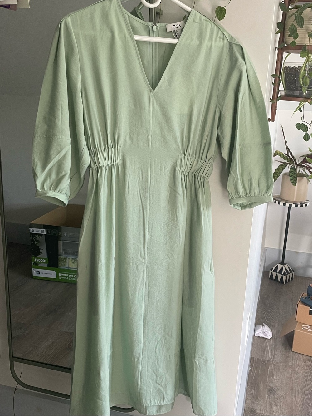 COS Mint Green V‑Neck Midi Dress with Gathered Waist